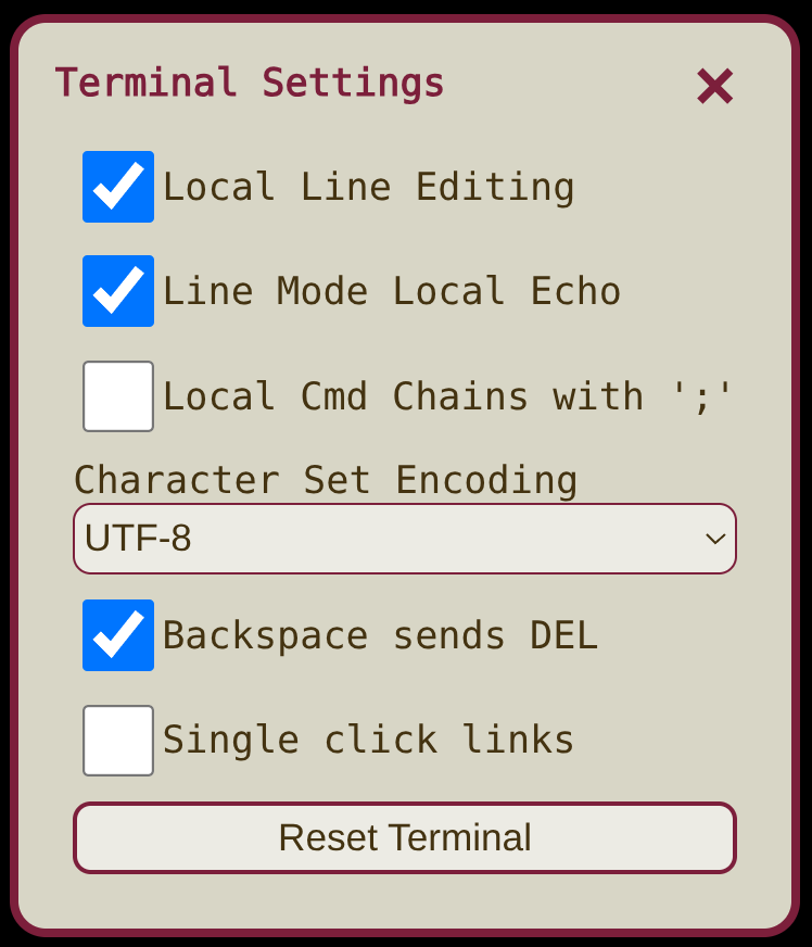The terminal settings window